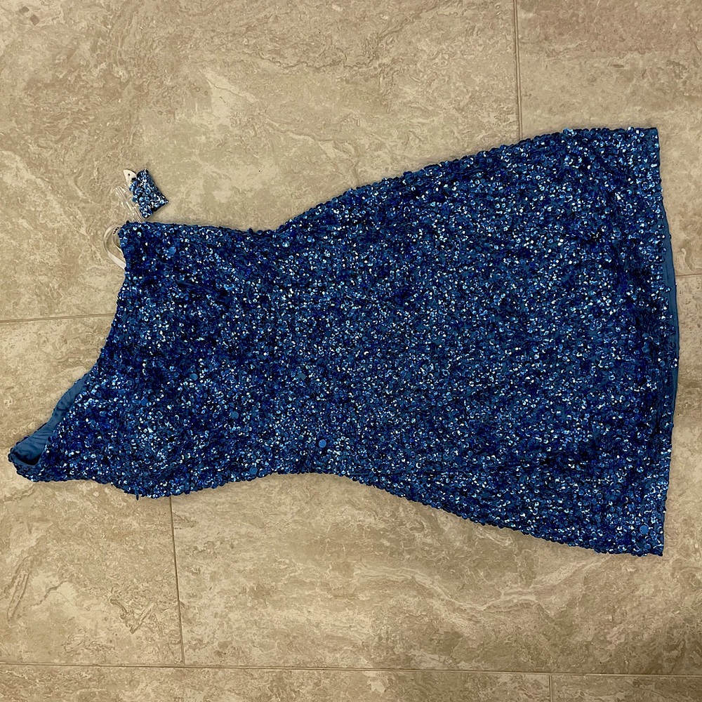 One shoulder dress, blue sparkle detailing, intricate back, mini dress.